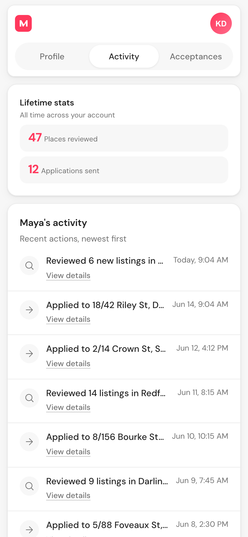 Maya activity tab showing applications sent in the background